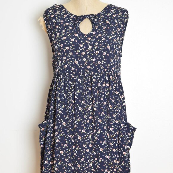 vintage 90s babydoll dress Ecote navy floral print grunge crinkle rayon mini S M - Picture 2 of 8